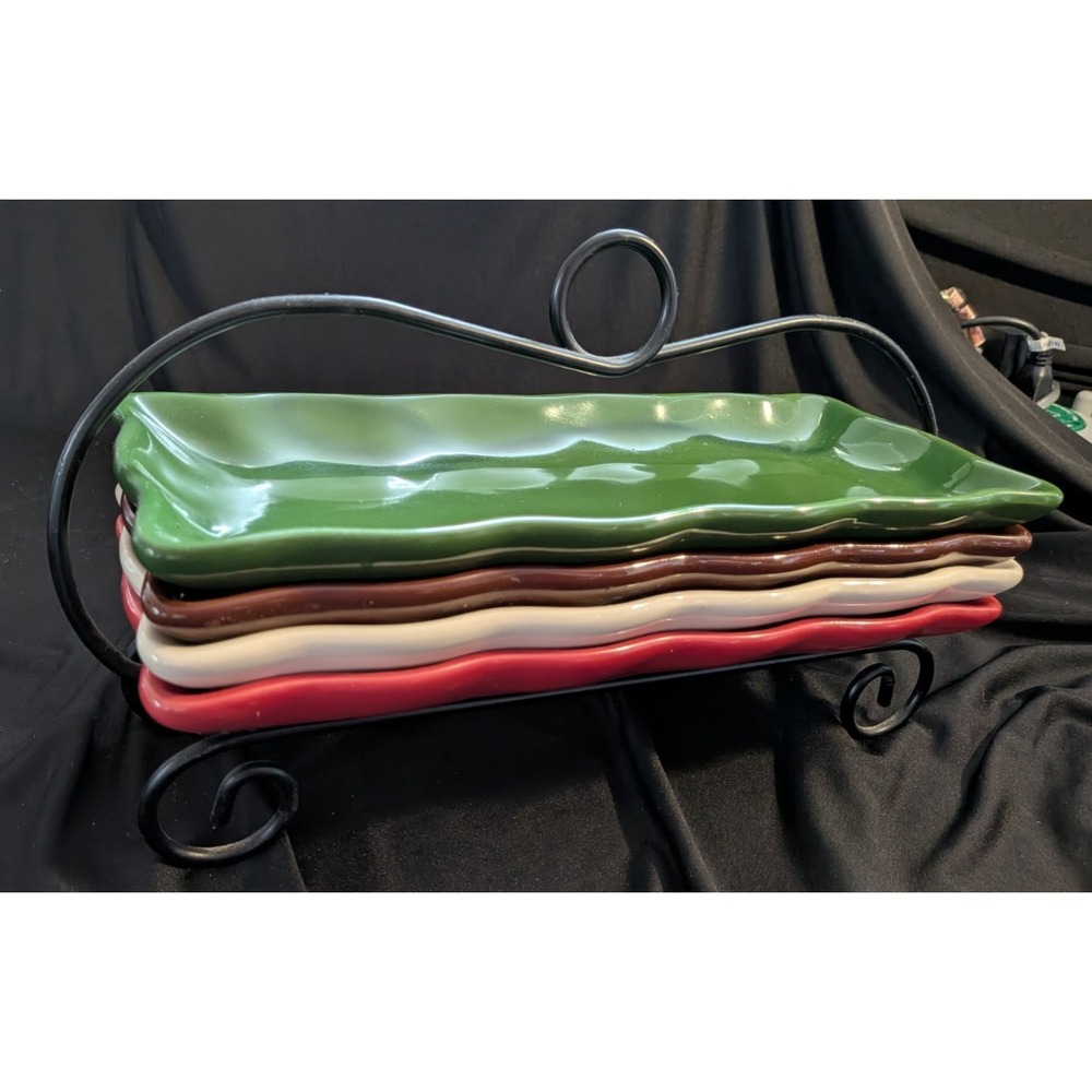 Four Different Colored Serving Plates With‎ Decorative Metal Stand.